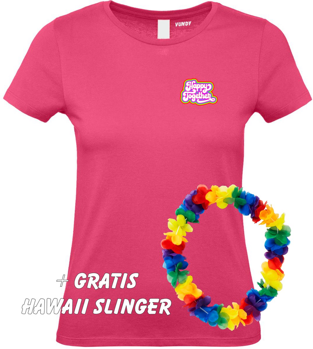 Dames t-shirt Happy Together Regenboog klein | Toppers in Concert 2022 | Toppers kleding shirt | Flower Power | Hippie Jaren 60 | Fuchsia dames | maat S